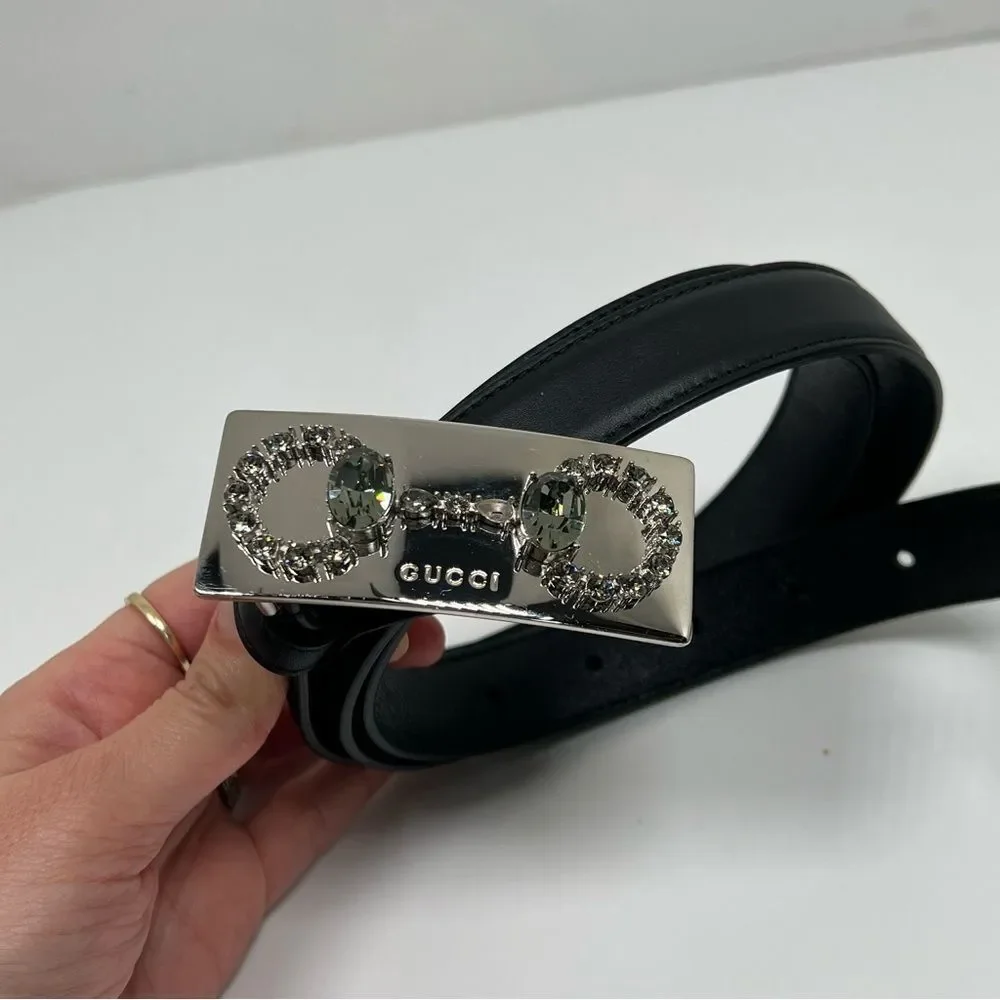 Gucci Black Leather Crystal Horsebit Plate Belt 95-38
